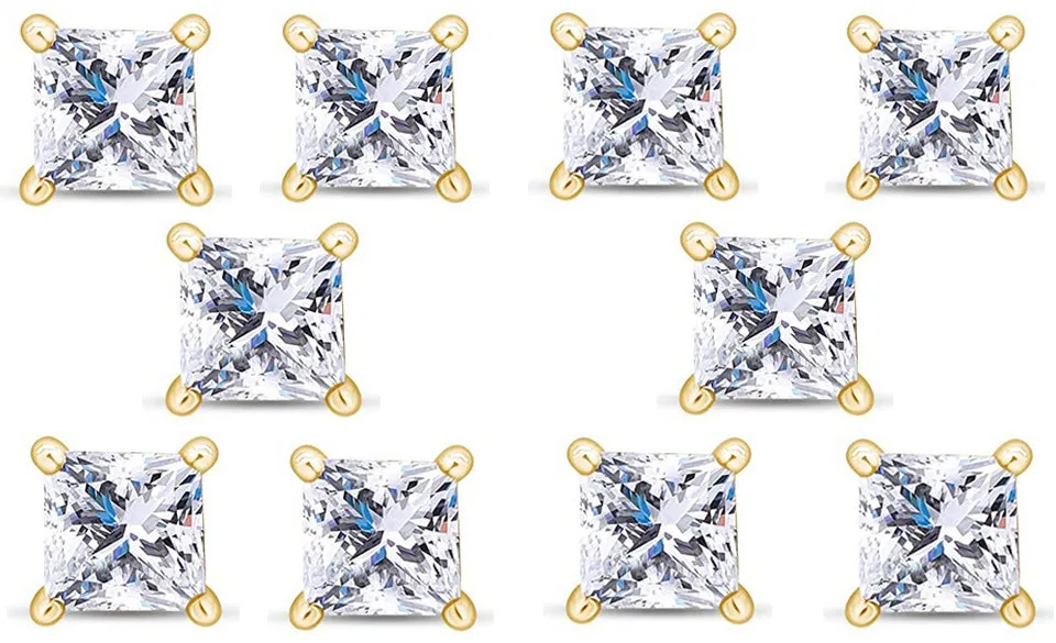 18k Yellow Gold Plated 2Ct Princess Cut White Sapphire Set Of Five Stud Earrings