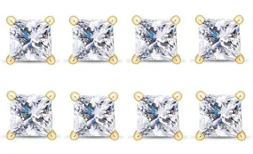 18k Yellow Gold Plated 2Ct Princess Cut White Sapphire Set Of Four Stud Earrings