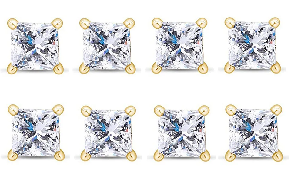 18k Yellow Gold Plated 2Ct Princess Cut White Sapphire Set Of Four Stud Earrings