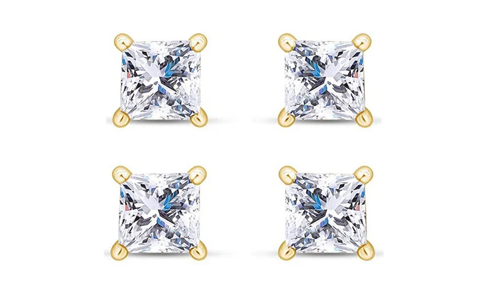 18k Yellow Gold Plated 2Ct Princess Cut White Sapphire Set Of Two Stud Earrings