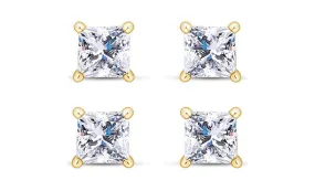 18k Yellow Gold Plated 2Ct Princess Cut White Sapphire Set Of Two Stud Earrings