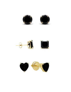 18k Yellow Gold Plated 3Cttw 8mm Created Black Sapphire 3 Pair Round, Square and Heart Stud Earrings