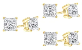 18k Yellow Gold Plated Created White Sapphire 4 Carat Princess Cut Pack of Three Stud Earrings