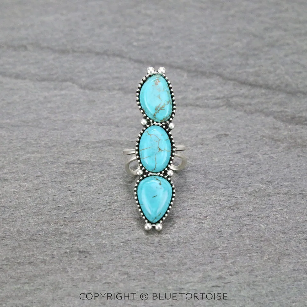 2.2″ Long, Big! Natural Stone Adjustable Ring, Bronze Double Band