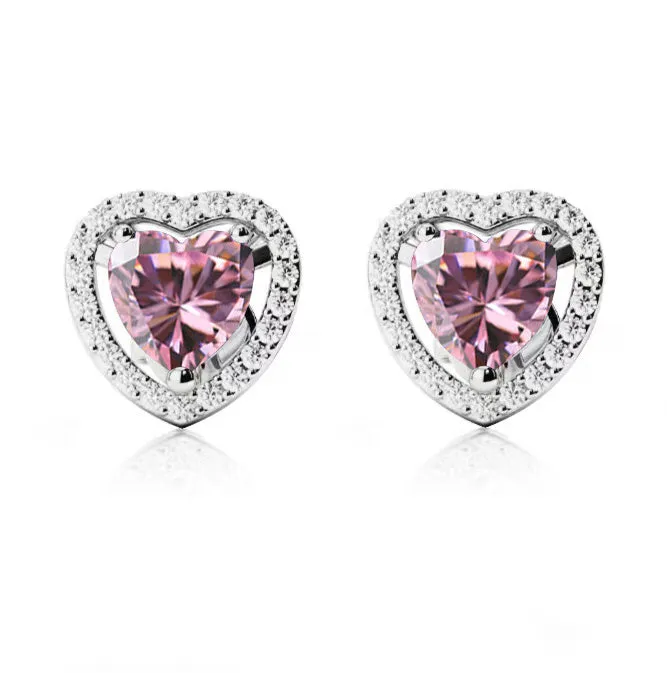 24k White  Gold Plated 2 Ct Created Halo Heart Pink Sapphire Stud Earrings