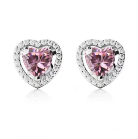 24k White  Gold Plated 2 Ct Created Halo Heart Pink Sapphire Stud Earrings