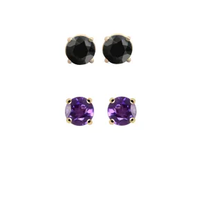 24k Yellow Gold Plated 1Ct Created Black Sapphire and Amethyst 2 Pair Round Stud Earrings