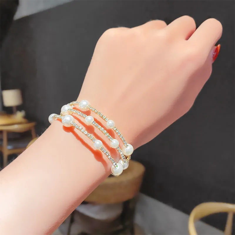 2PCs Simple Double Layer Pearl Rhinestone Bracelet Christmas Children's Day Gifts for Girls