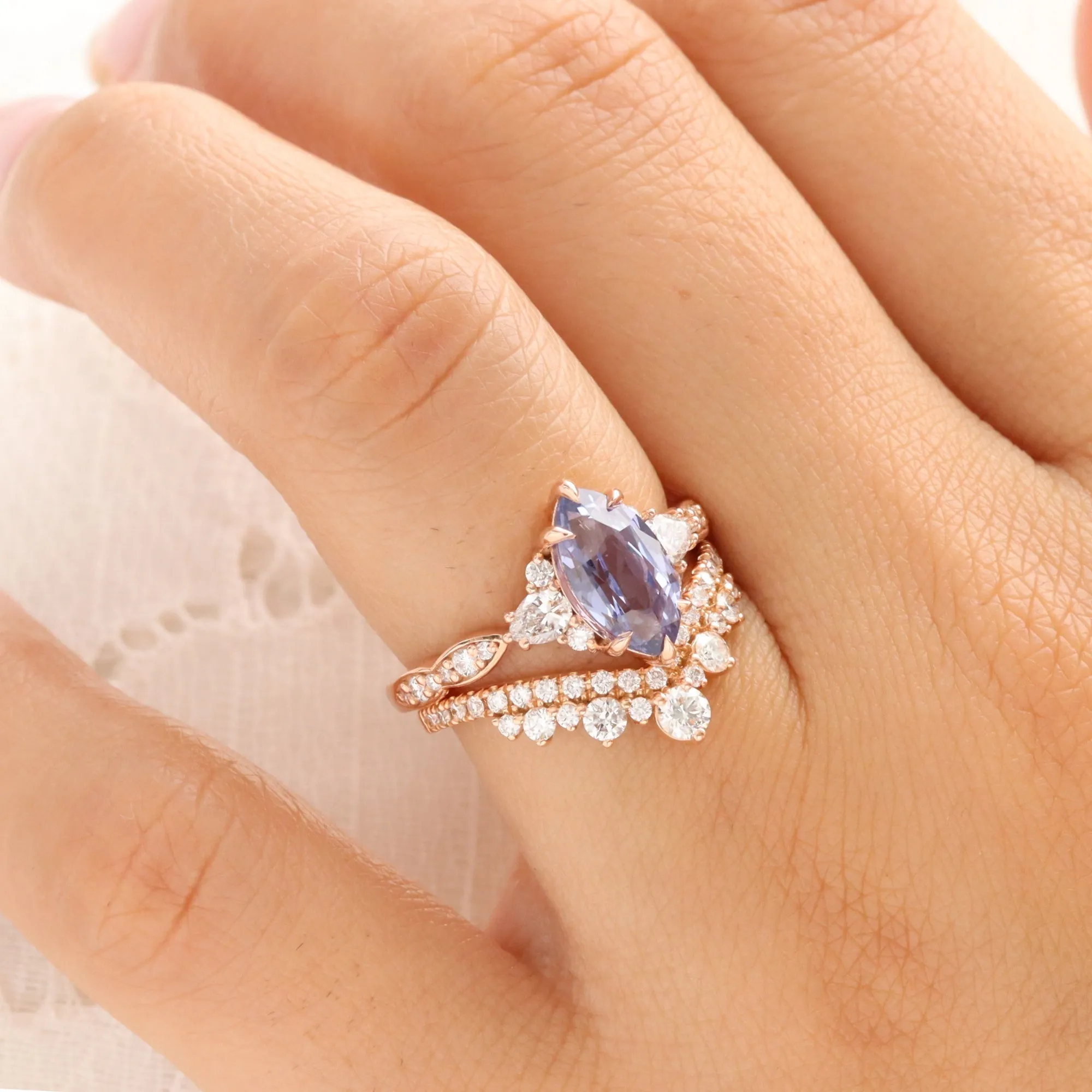 3 Ct Marquise Lavender Purple Sapphire Ring in 14k Rose Gold 3 Stone Diamond Size 7