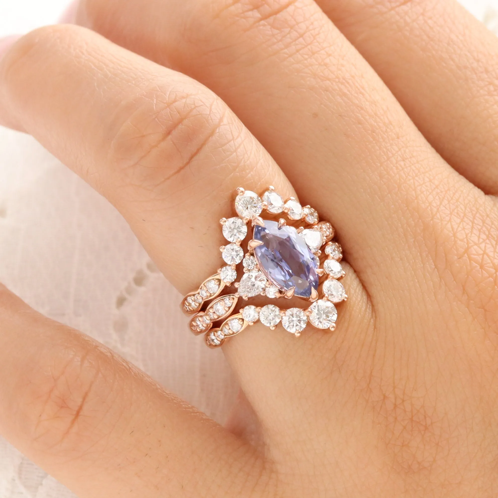 3 Ct Marquise Lavender Purple Sapphire Ring in 14k Rose Gold 3 Stone Diamond Size 7