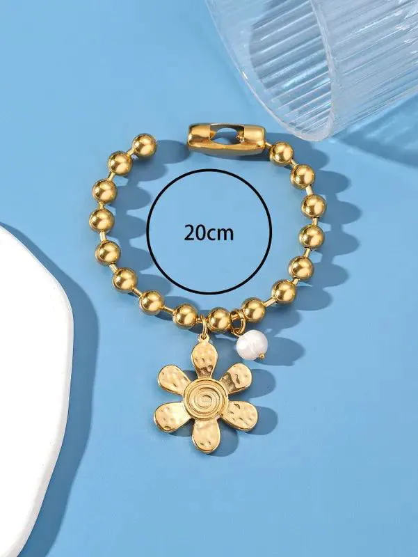 304 Stainless Steel 24K Gold Plated Sweet Classic Style Beaded Inlay Flower Pearl Bracelets - Flower Bracelet