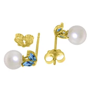 4.4 Carat 14K Solid Yellow Gold Stud Earrings Pearl Blue Topaz