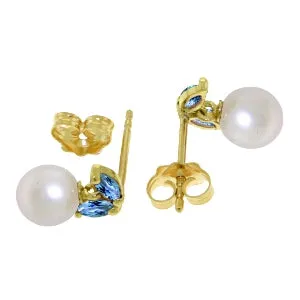4.4 Carat 14K Solid Yellow Gold Stud Earrings Pearl Blue Topaz