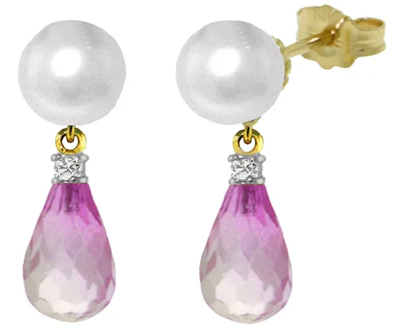 6.6 Carat 14K Solid White Gold Stud Earrings Diamond, Pink Topaz Pearl