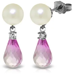 6.6 Carat 14K Solid White Gold Stud Earrings Diamond, Pink Topaz Pearl