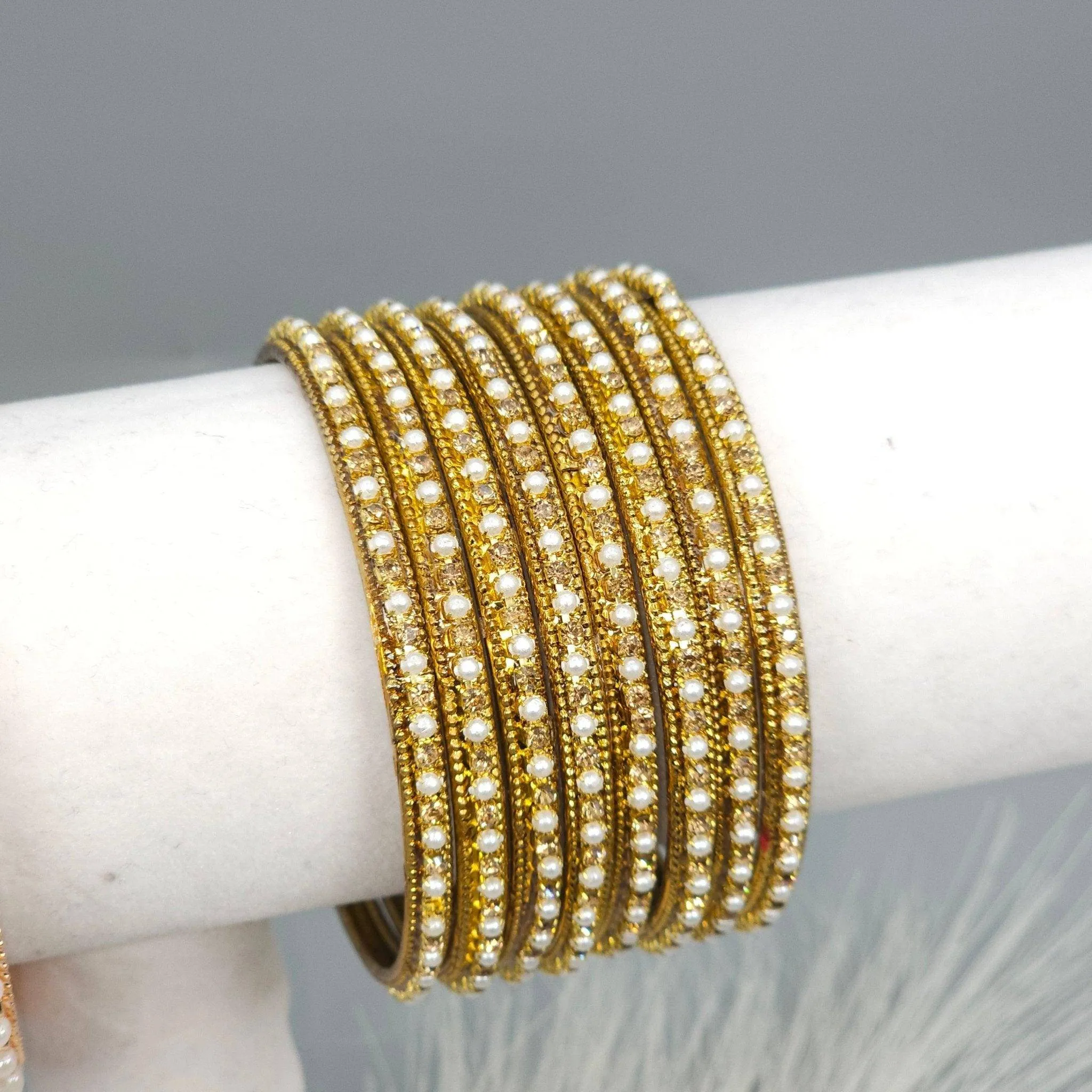 8 Pcs Antique Gold Pearl Bangle Set