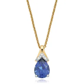 9ct Two Tone Gold Pear & Round Brilliant Cut Created Blue Sapphire & Diamond Set Pendant