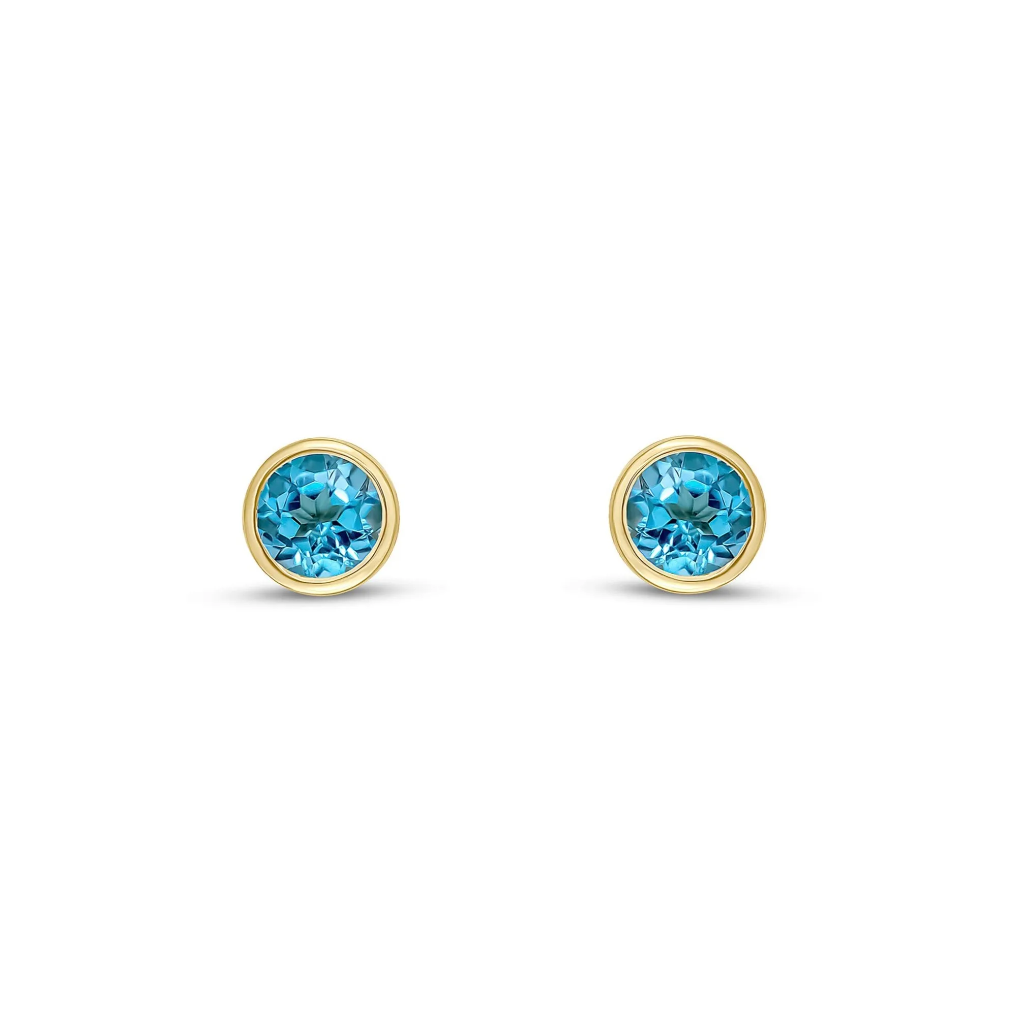 9ct Yellow Gold 4mm Swiss Blue Topaz Rubover Stud Earrings 0.58ct