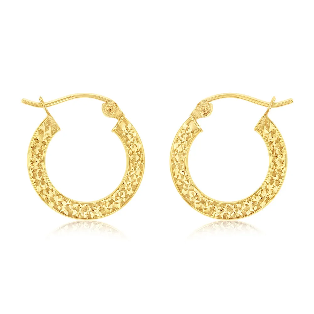 9ct Yellow Gold Diamond Cut Super Light 15mm Hoop Earring