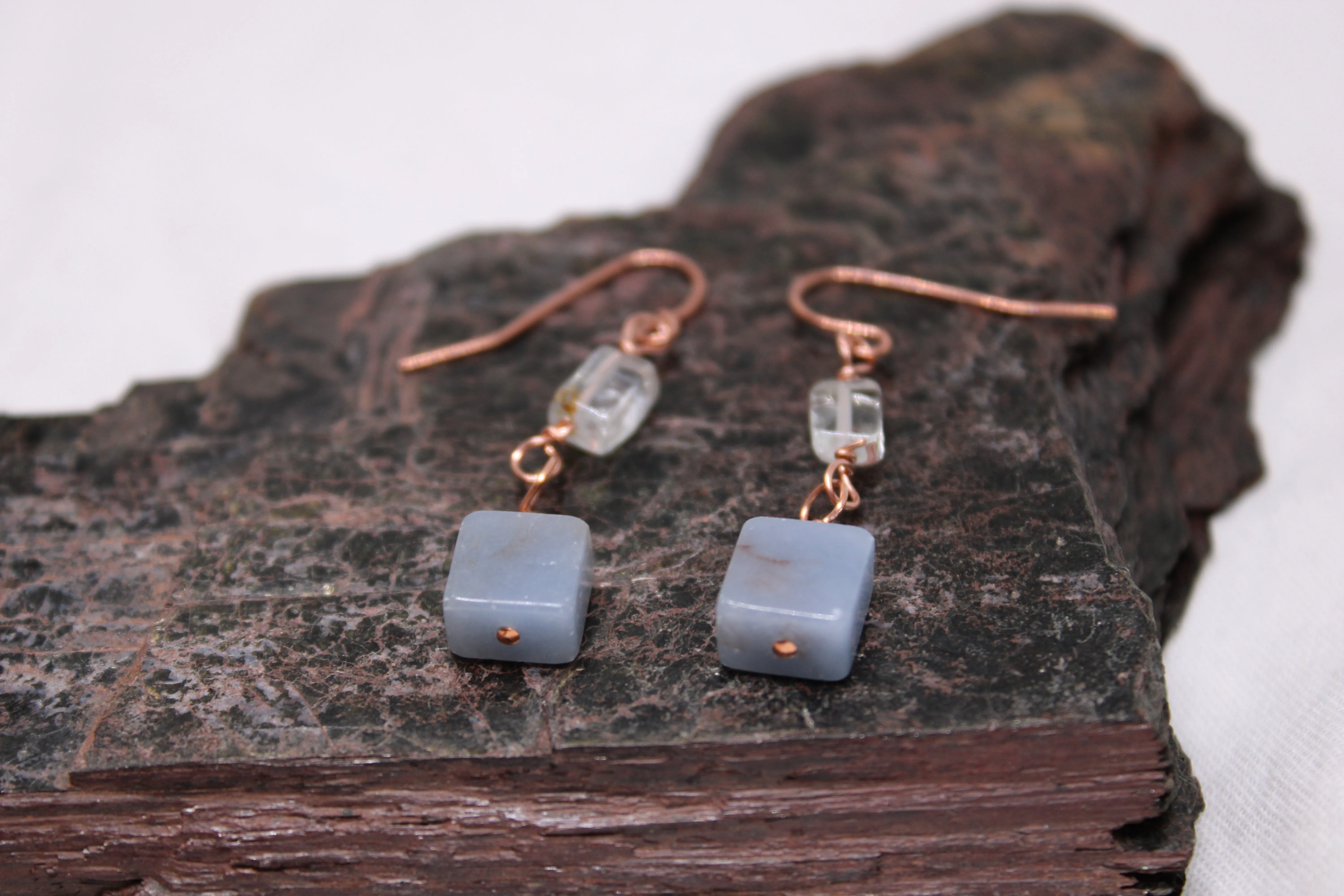 Angelite and Aquamarine Copper Wire Wrap Earrings