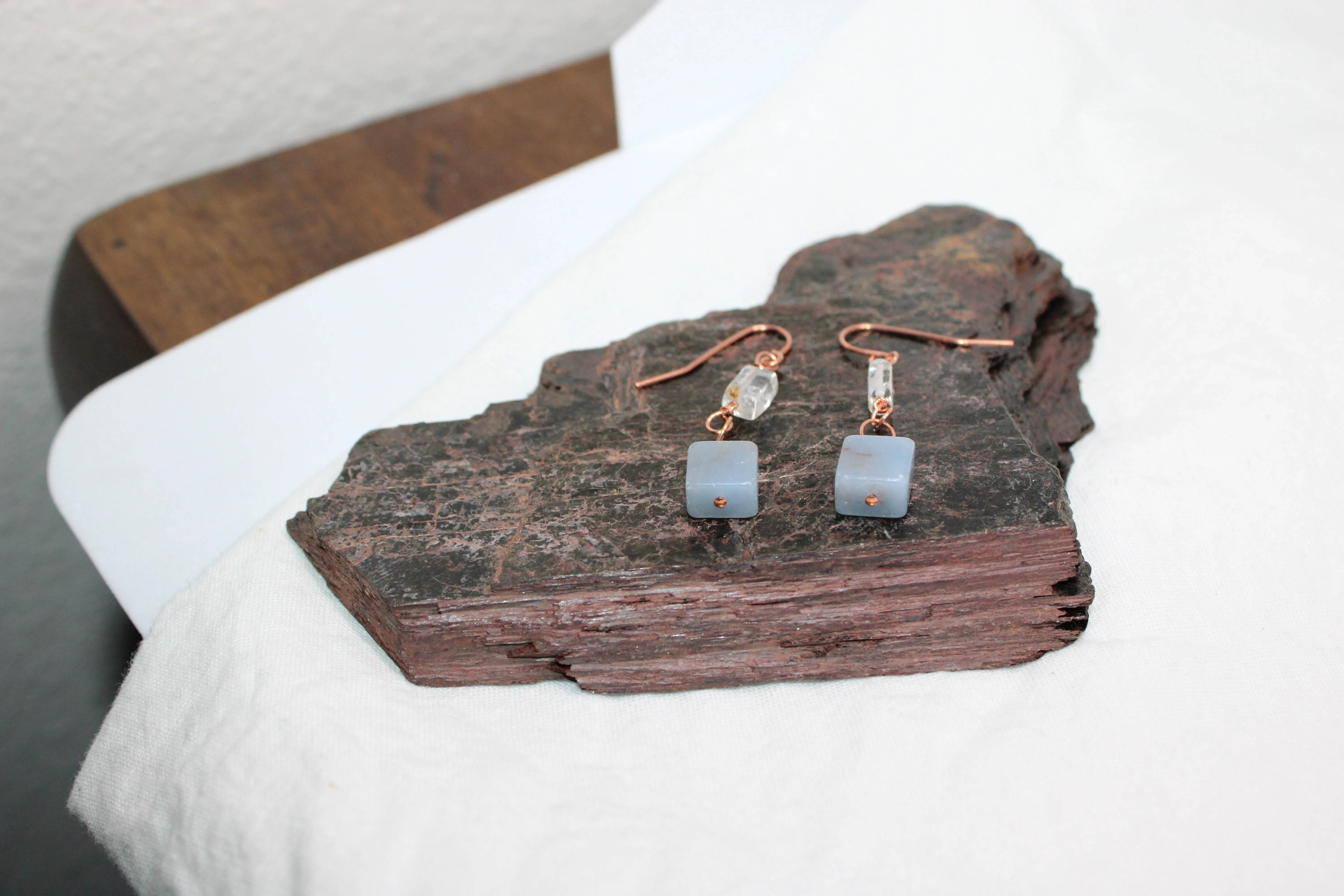 Angelite and Aquamarine Copper Wire Wrap Earrings