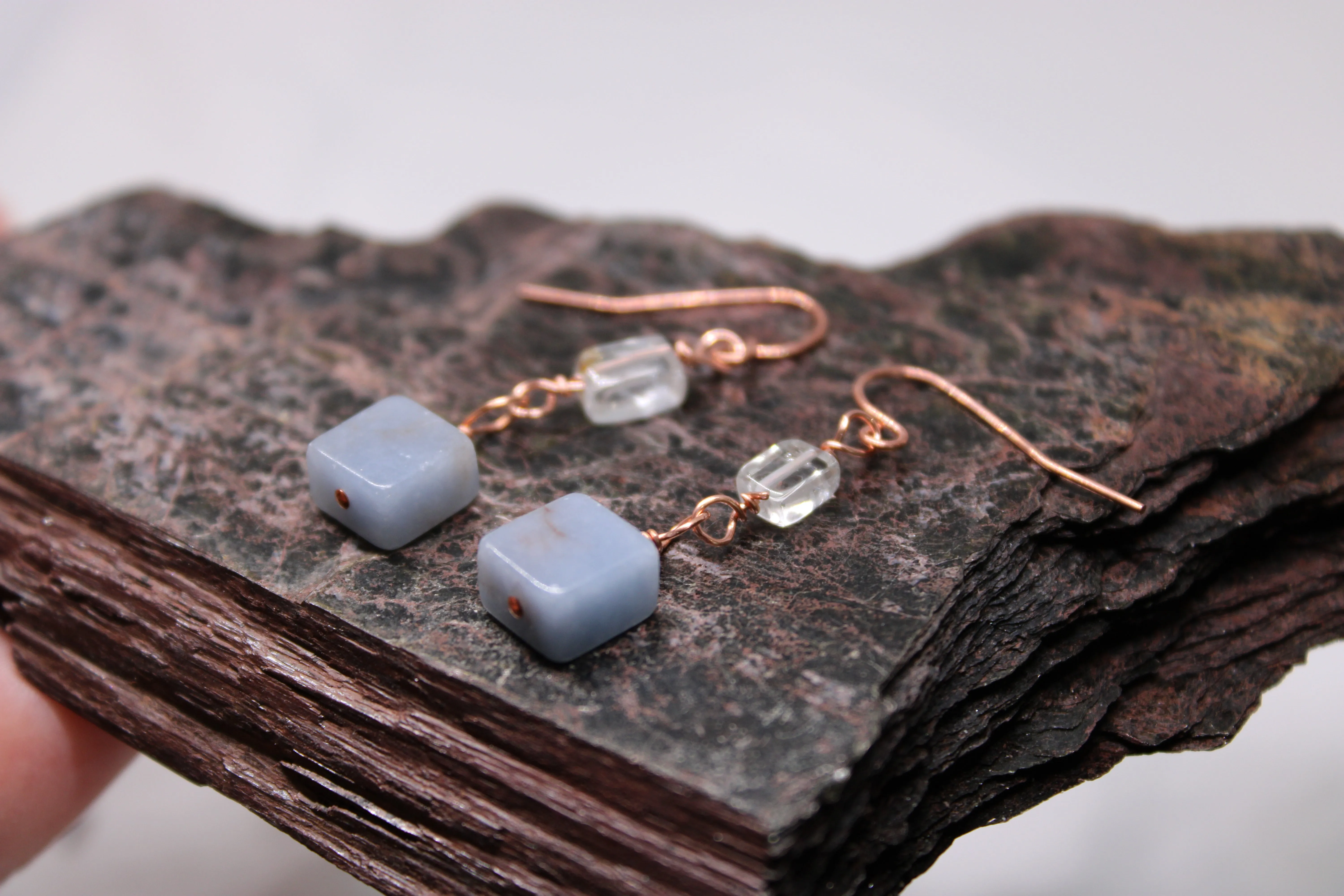 Angelite and Aquamarine Copper Wire Wrap Earrings