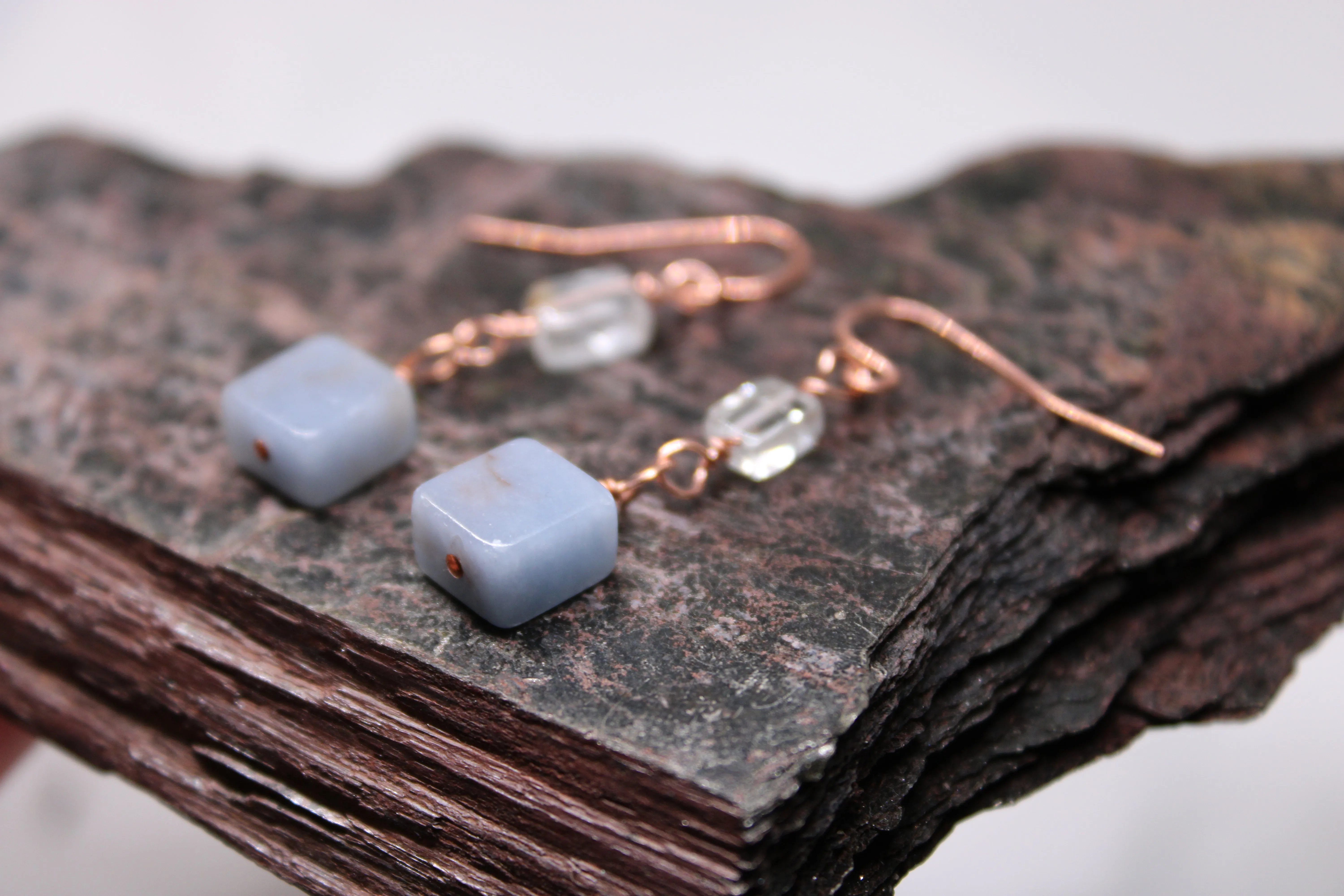 Angelite and Aquamarine Copper Wire Wrap Earrings