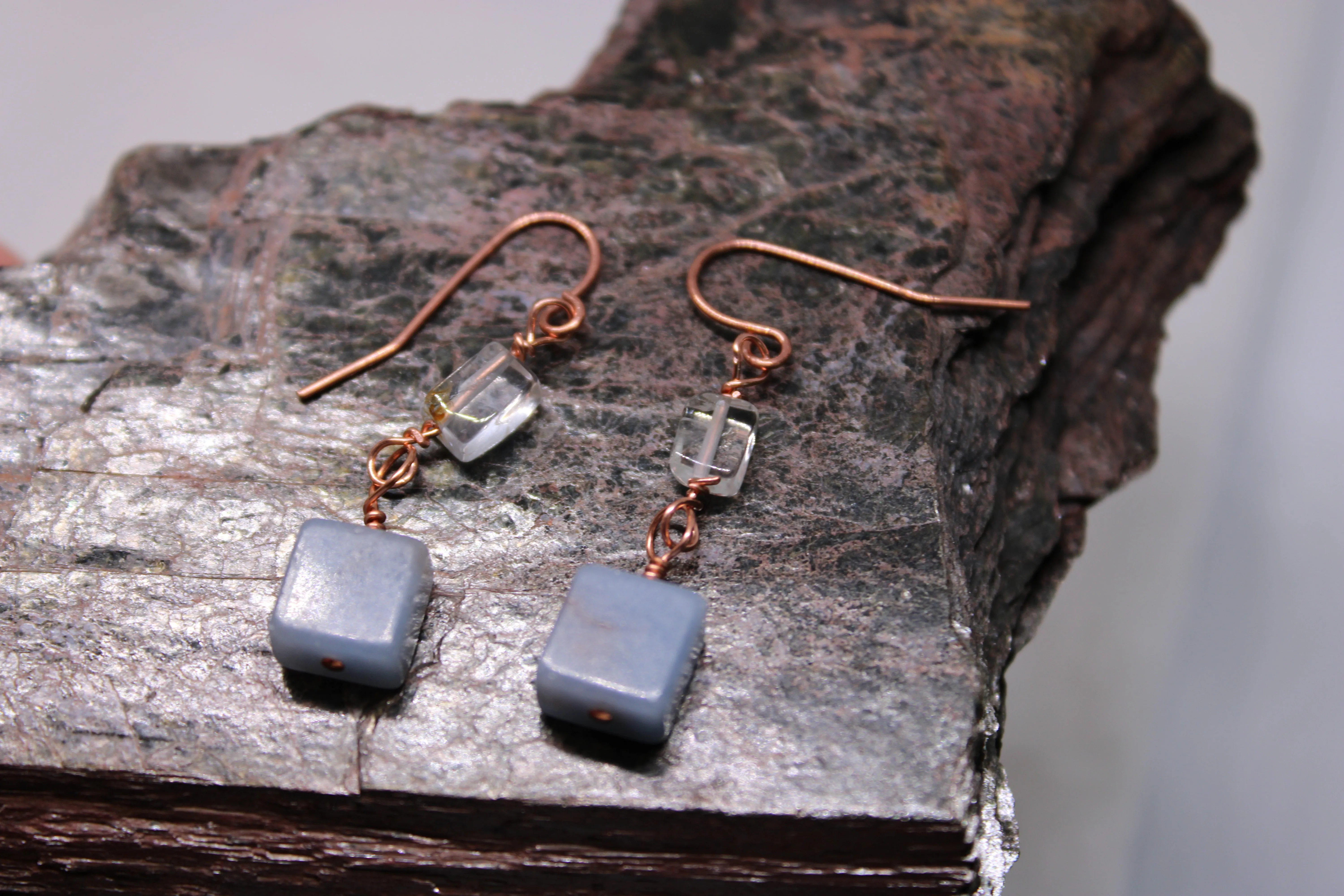 Angelite and Aquamarine Copper Wire Wrap Earrings