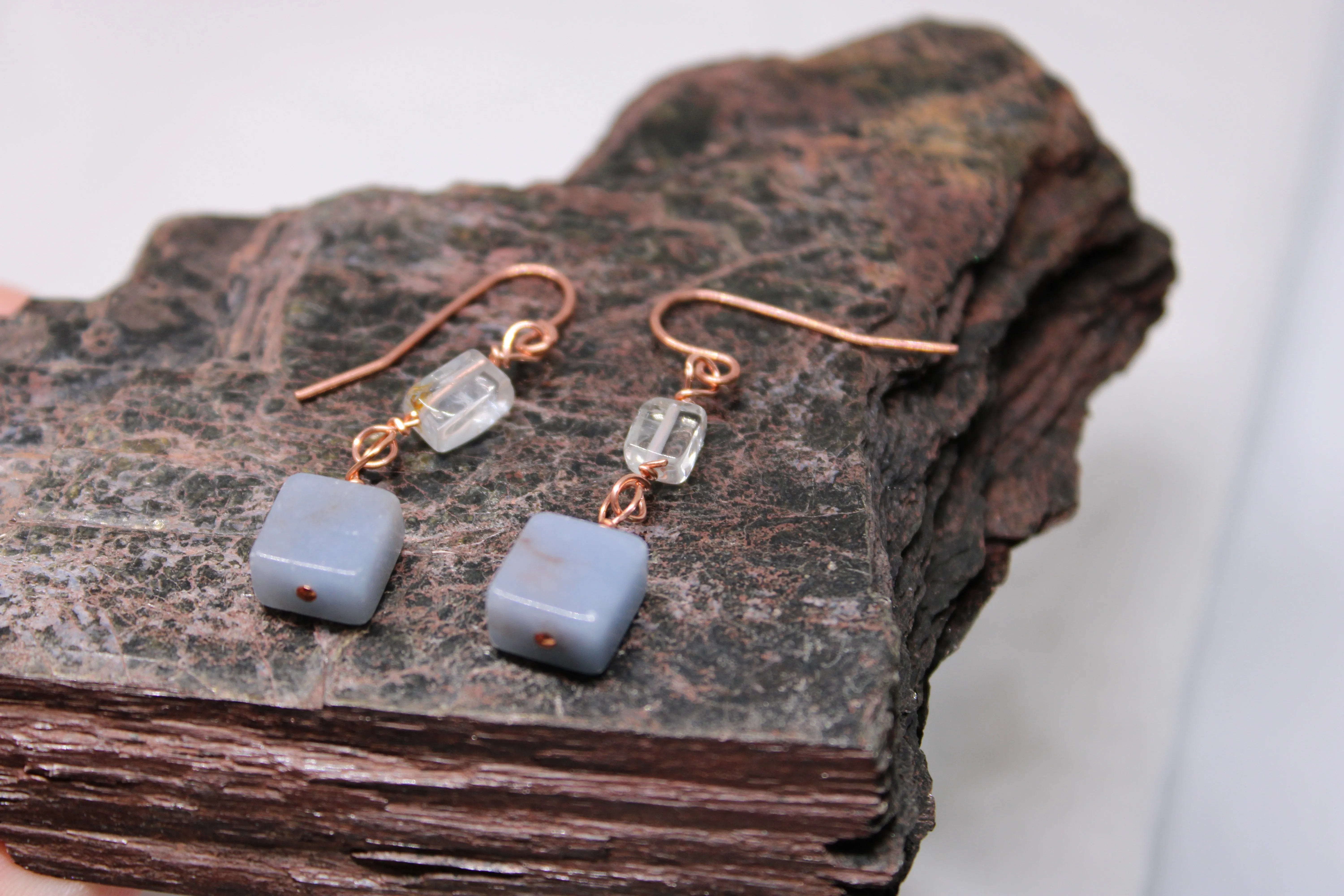 Angelite and Aquamarine Copper Wire Wrap Earrings