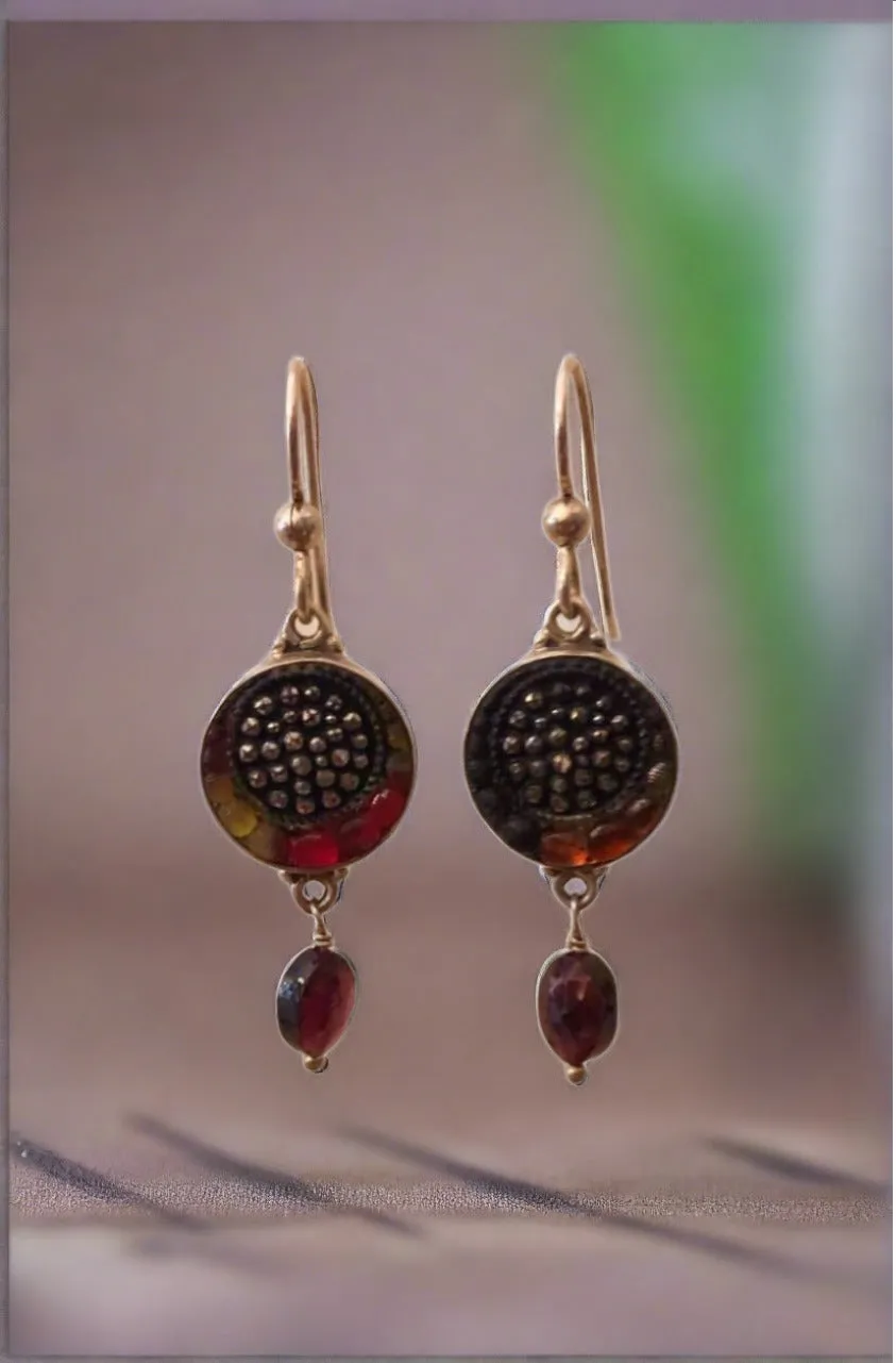Antique Button Earrings, Amber Tones with Garnet Drops