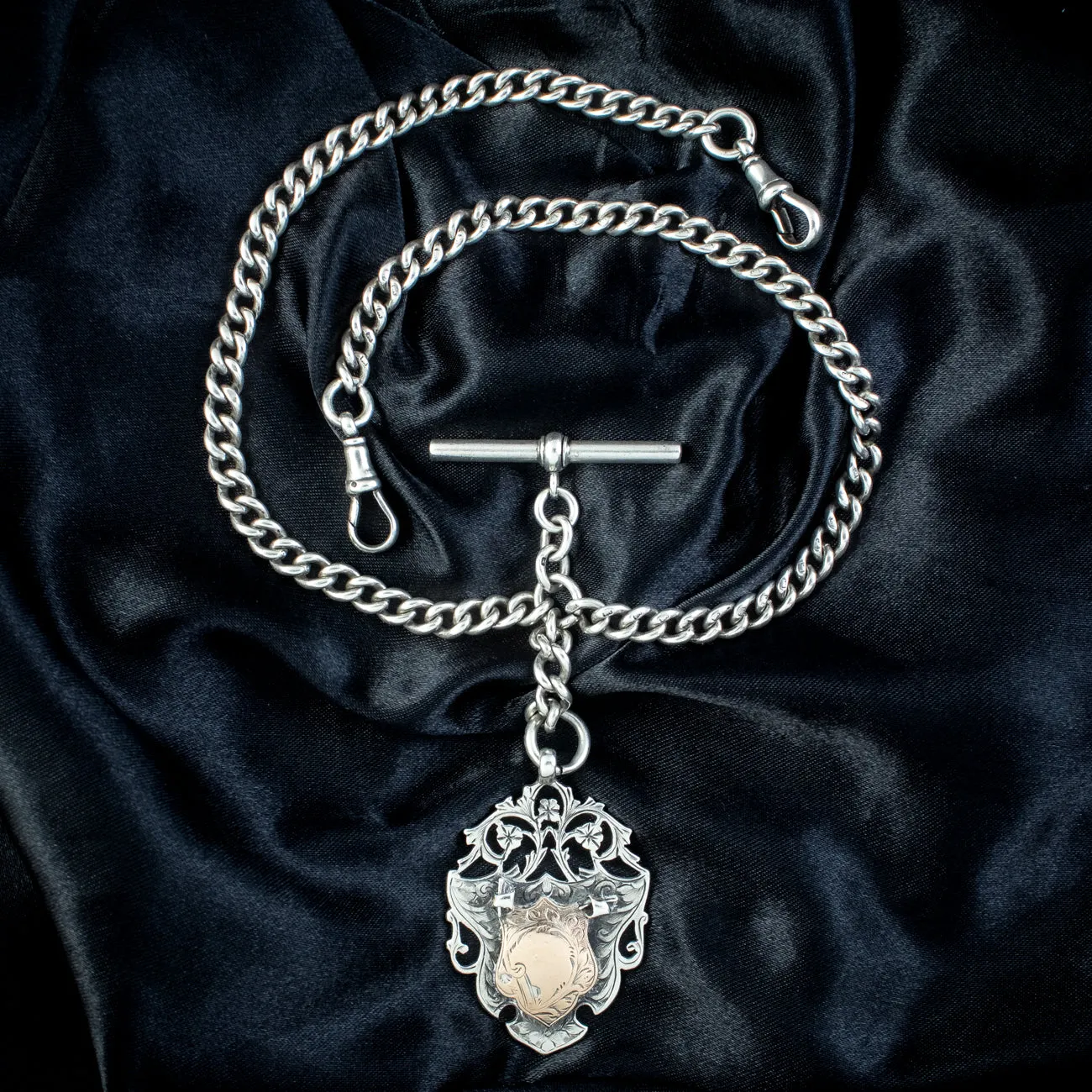 Antique Edwardian Albert Chain Sterling Silver With Medallion Dated 1905