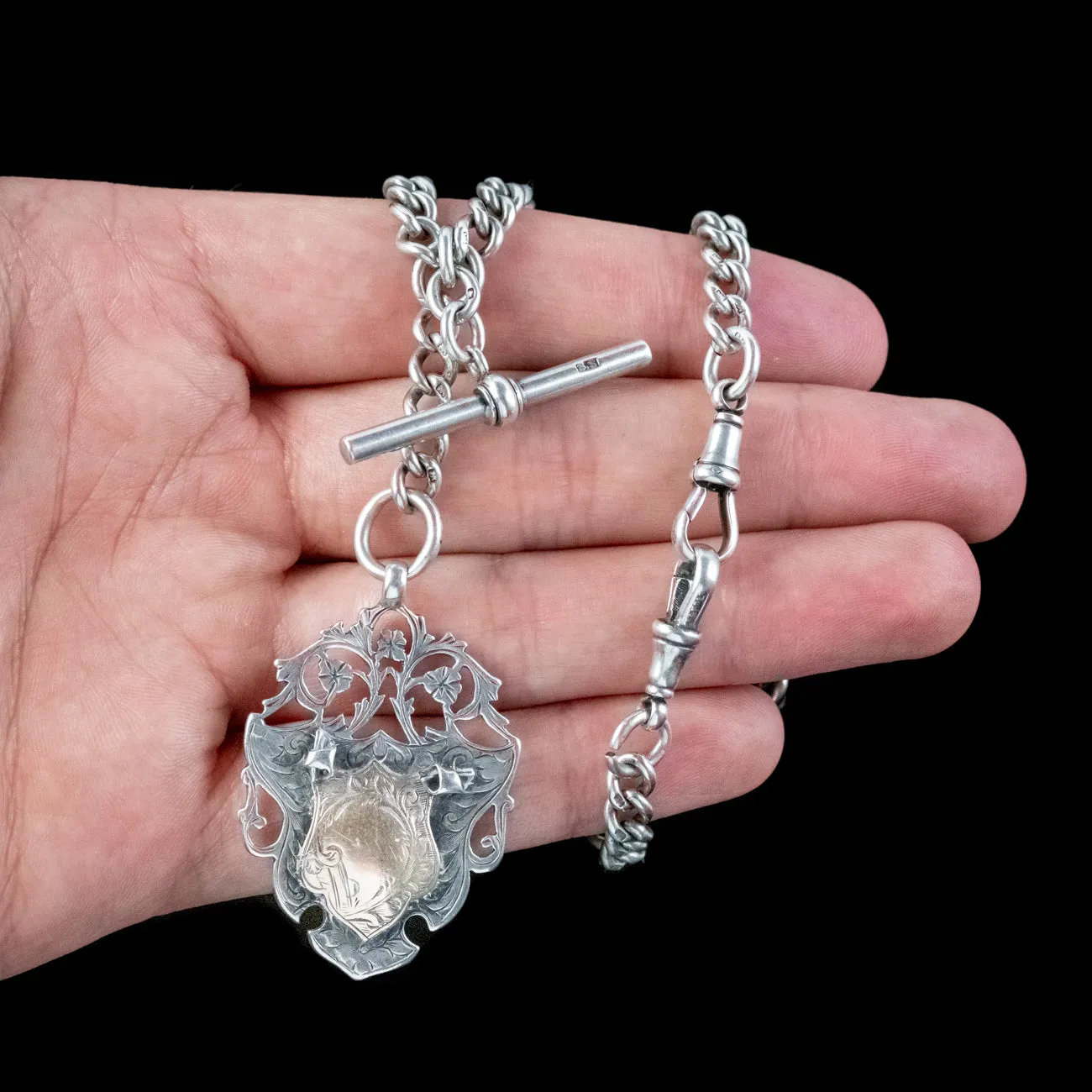 Antique Edwardian Albert Chain Sterling Silver With Medallion Dated 1905