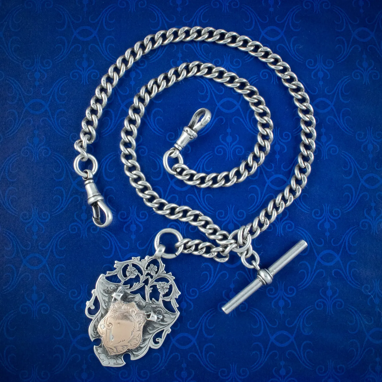 Antique Edwardian Albert Chain Sterling Silver With Medallion Dated 1905