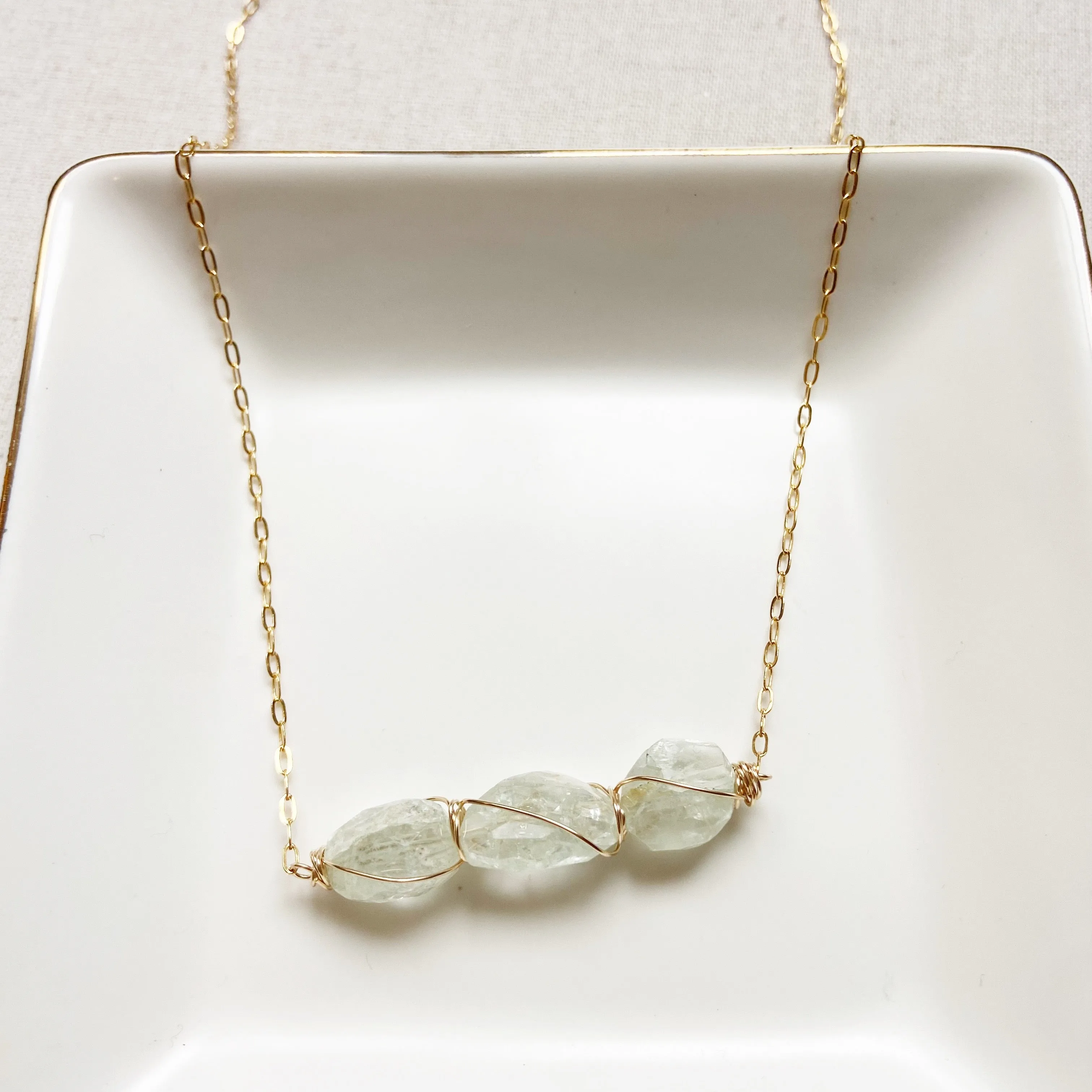 Aquamarine Trio Necklace in Gold or Silver (19 inches)