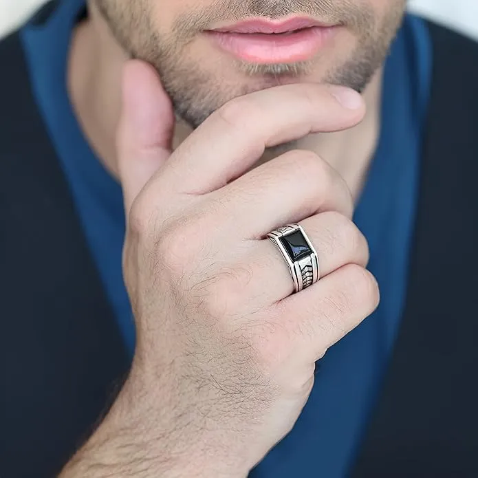 Arrow Pattern Sterling Silver Ring for Men Onyx Stone