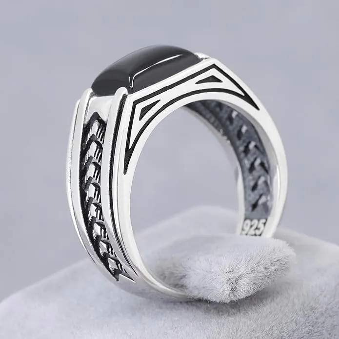 Arrow Pattern Sterling Silver Ring for Men Onyx Stone