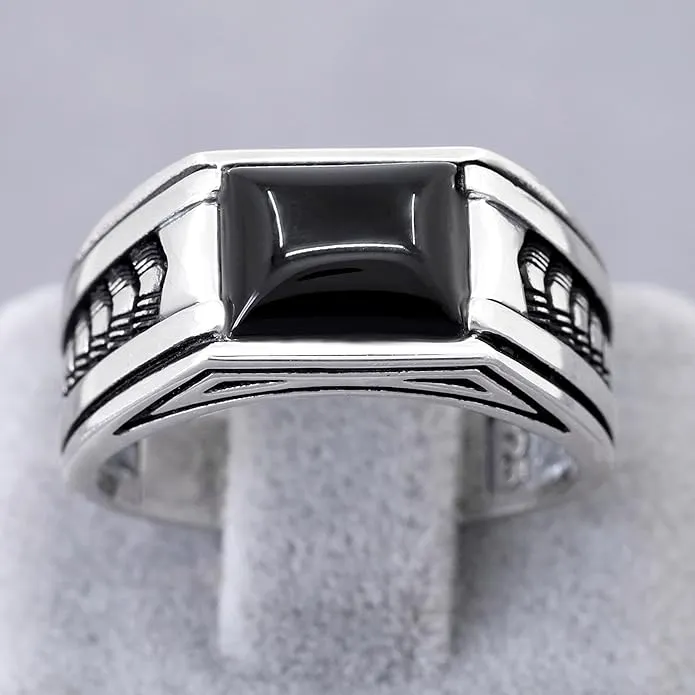 Arrow Pattern Sterling Silver Ring for Men Onyx Stone