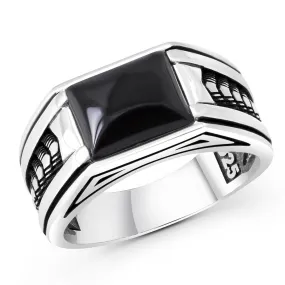 Arrow Pattern Sterling Silver Ring for Men Onyx Stone