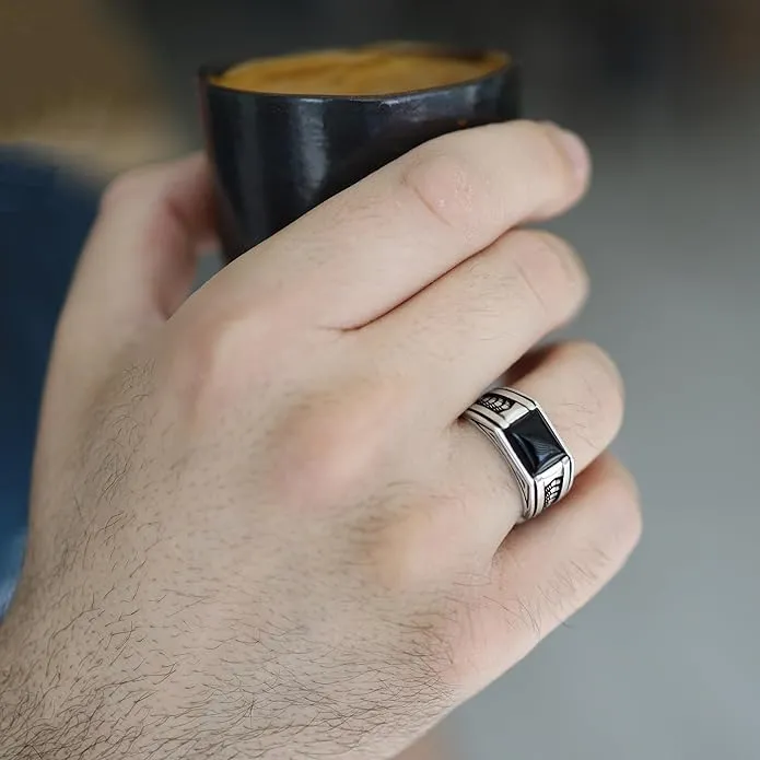 Arrow Pattern Sterling Silver Ring for Men Onyx Stone