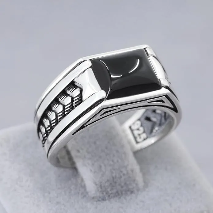 Arrow Pattern Sterling Silver Ring for Men Onyx Stone