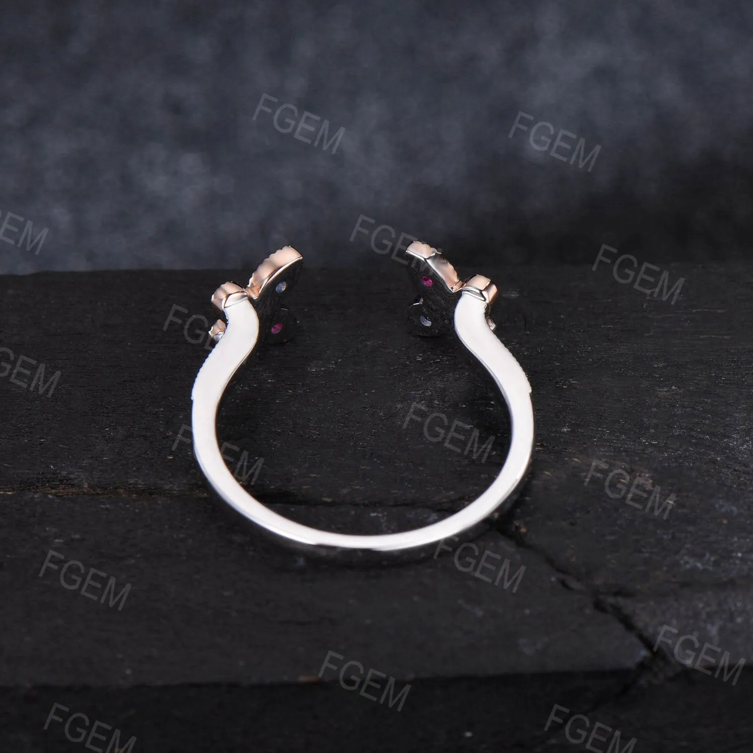 Art Deco Butterfly Wedding Band 14K Rose Gold Enhancer Guard Ring Unique Butterfly Enhancer Ring Vintage Sapphire Ruby Proposal Jacket Band