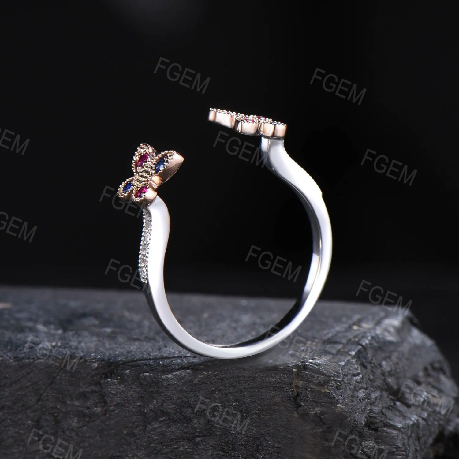 Art Deco Butterfly Wedding Band 14K Rose Gold Enhancer Guard Ring Unique Butterfly Enhancer Ring Vintage Sapphire Ruby Proposal Jacket Band