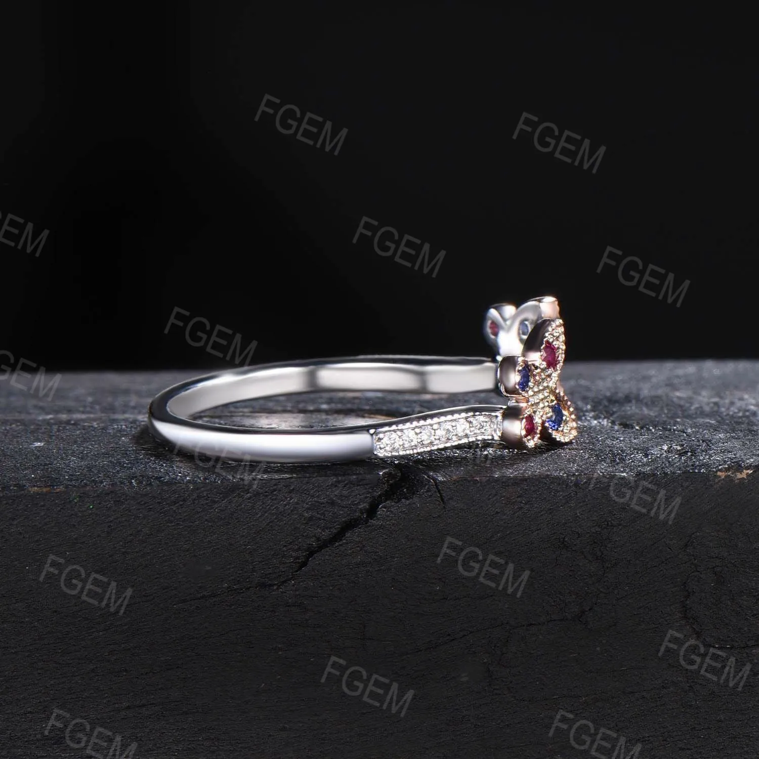 Art Deco Butterfly Wedding Band 14K Rose Gold Enhancer Guard Ring Unique Butterfly Enhancer Ring Vintage Sapphire Ruby Proposal Jacket Band
