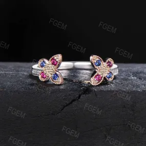 Art Deco Butterfly Wedding Band 14K Rose Gold Enhancer Guard Ring Unique Butterfly Enhancer Ring Vintage Sapphire Ruby Proposal Jacket Band