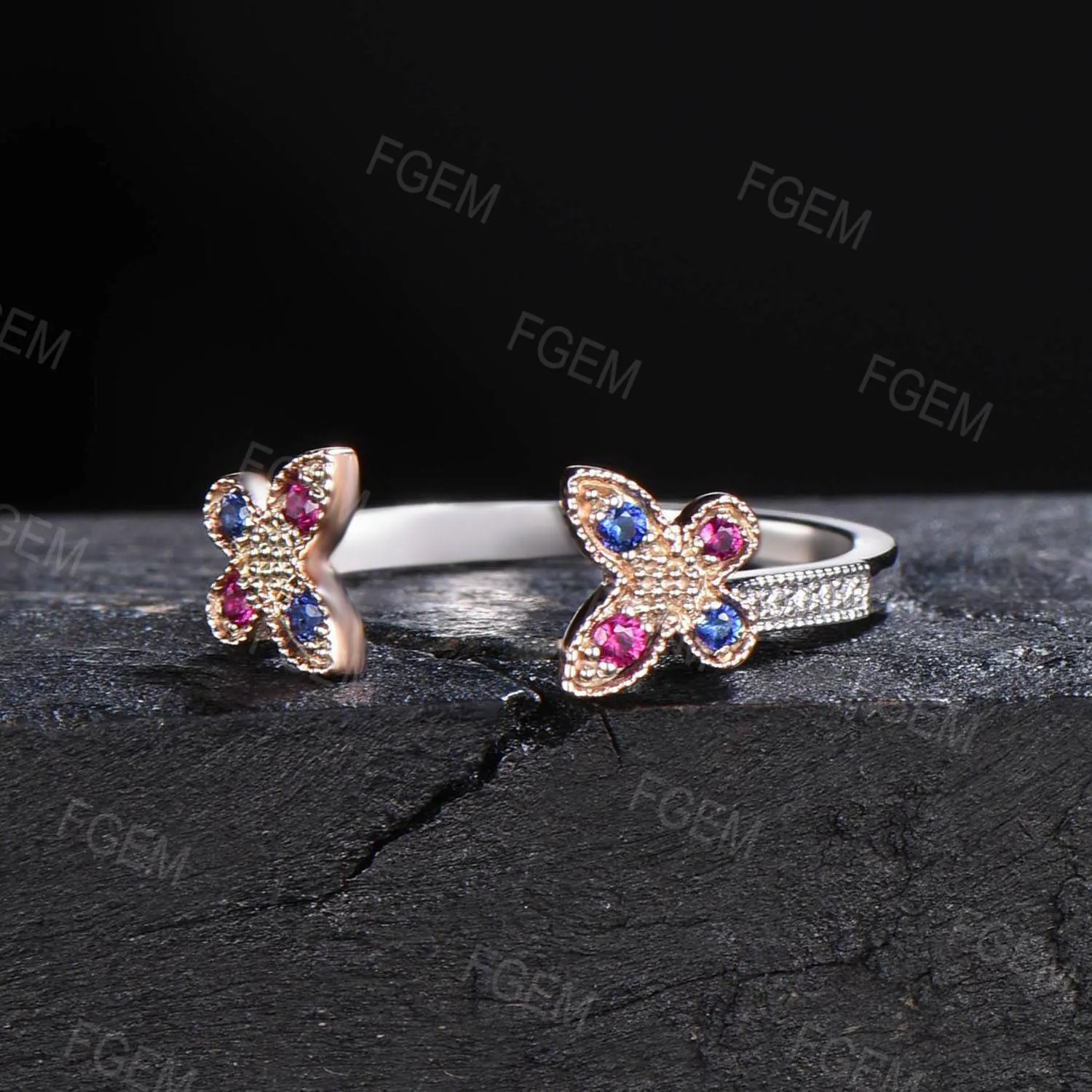 Art Deco Butterfly Wedding Band 14K Rose Gold Enhancer Guard Ring Unique Butterfly Enhancer Ring Vintage Sapphire Ruby Proposal Jacket Band