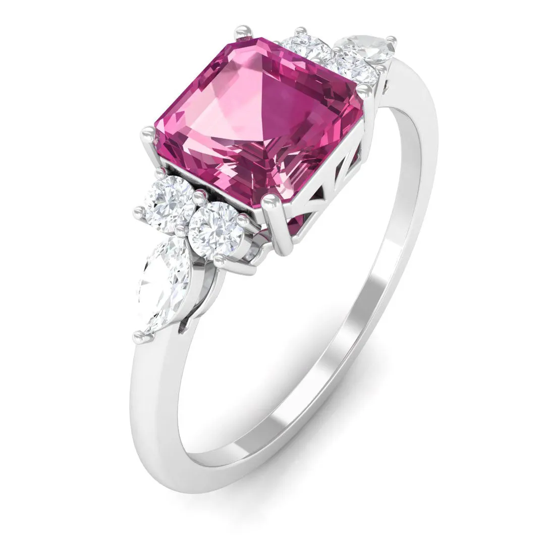 Asscher Cut Pink Tourmaline Solitaire Engagement Ring with Diamond Trio