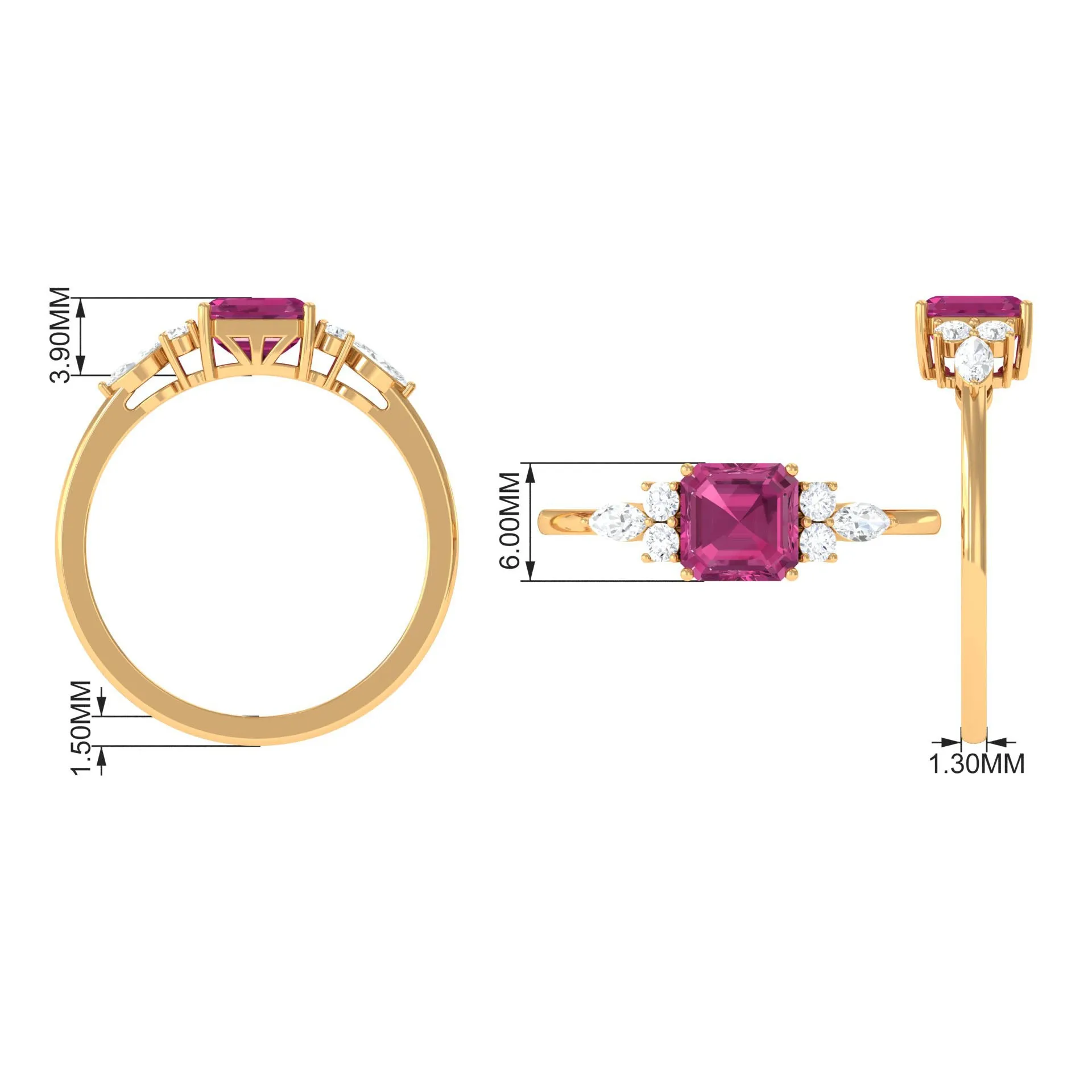 Asscher Cut Pink Tourmaline Solitaire Engagement Ring with Diamond Trio