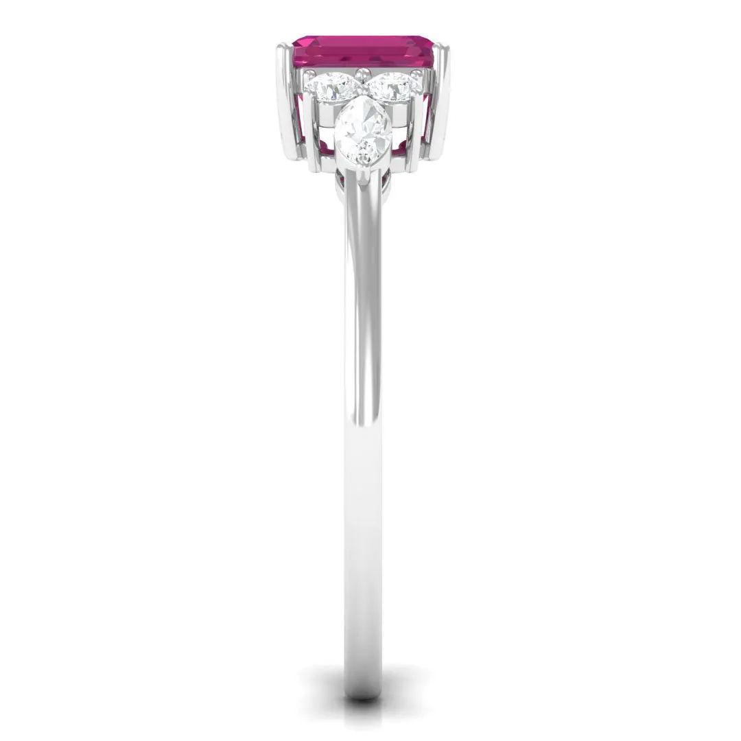Asscher Cut Pink Tourmaline Solitaire Engagement Ring with Diamond Trio