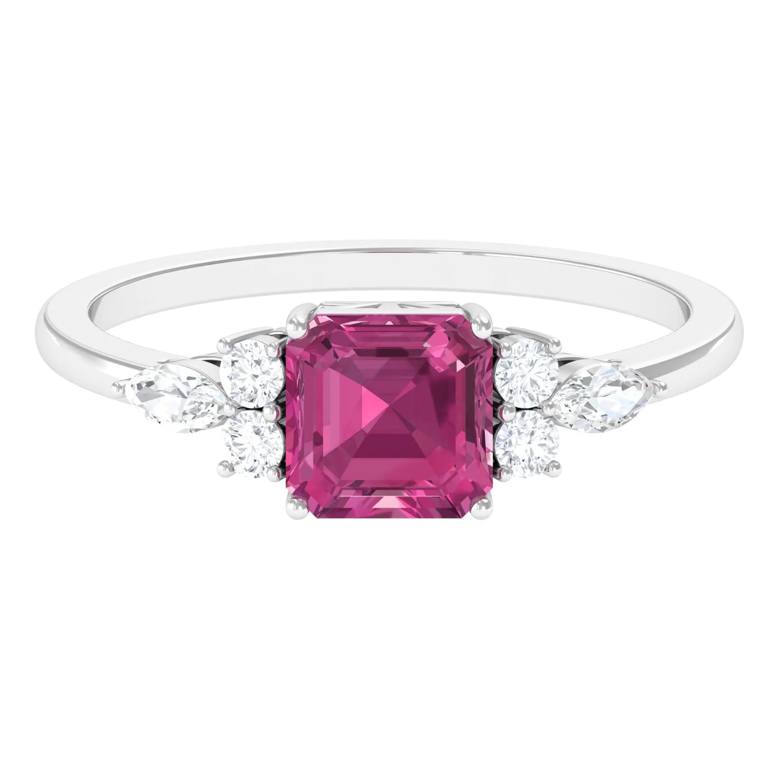 Asscher Cut Pink Tourmaline Solitaire Engagement Ring with Diamond Trio