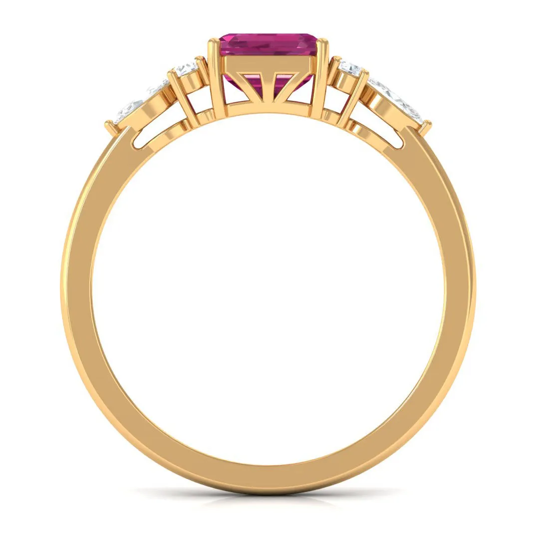 Asscher Cut Pink Tourmaline Solitaire Engagement Ring with Diamond Trio